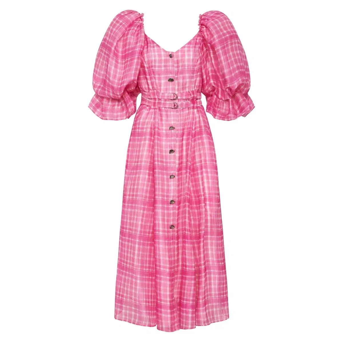 Aje Bungalow Gingham Puff Sleeve Midi Dress Pink  Size AU 6 - Image 4