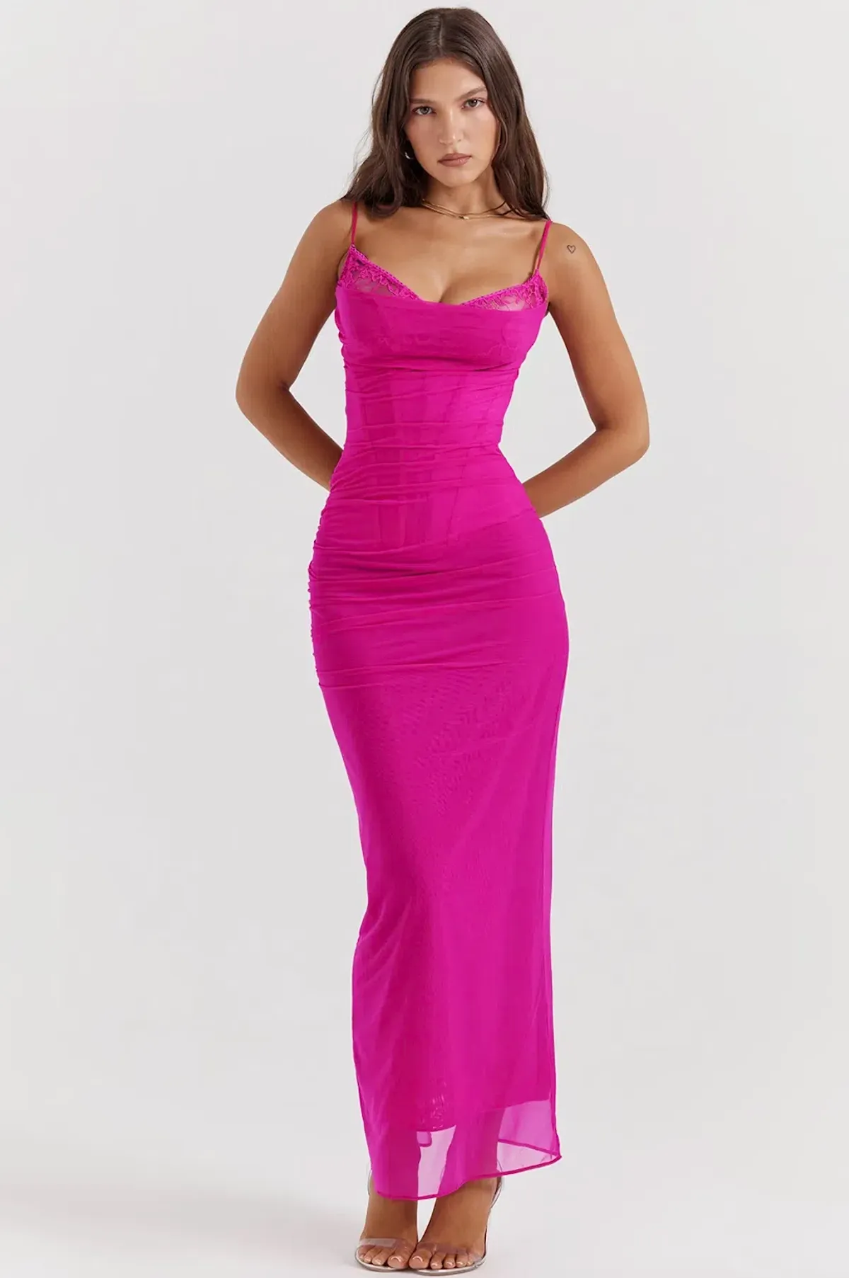 House of CB Nalini Fuchsia Hot Pink Lace Mesh Maxi Dress in Size 6/XS - Image 1