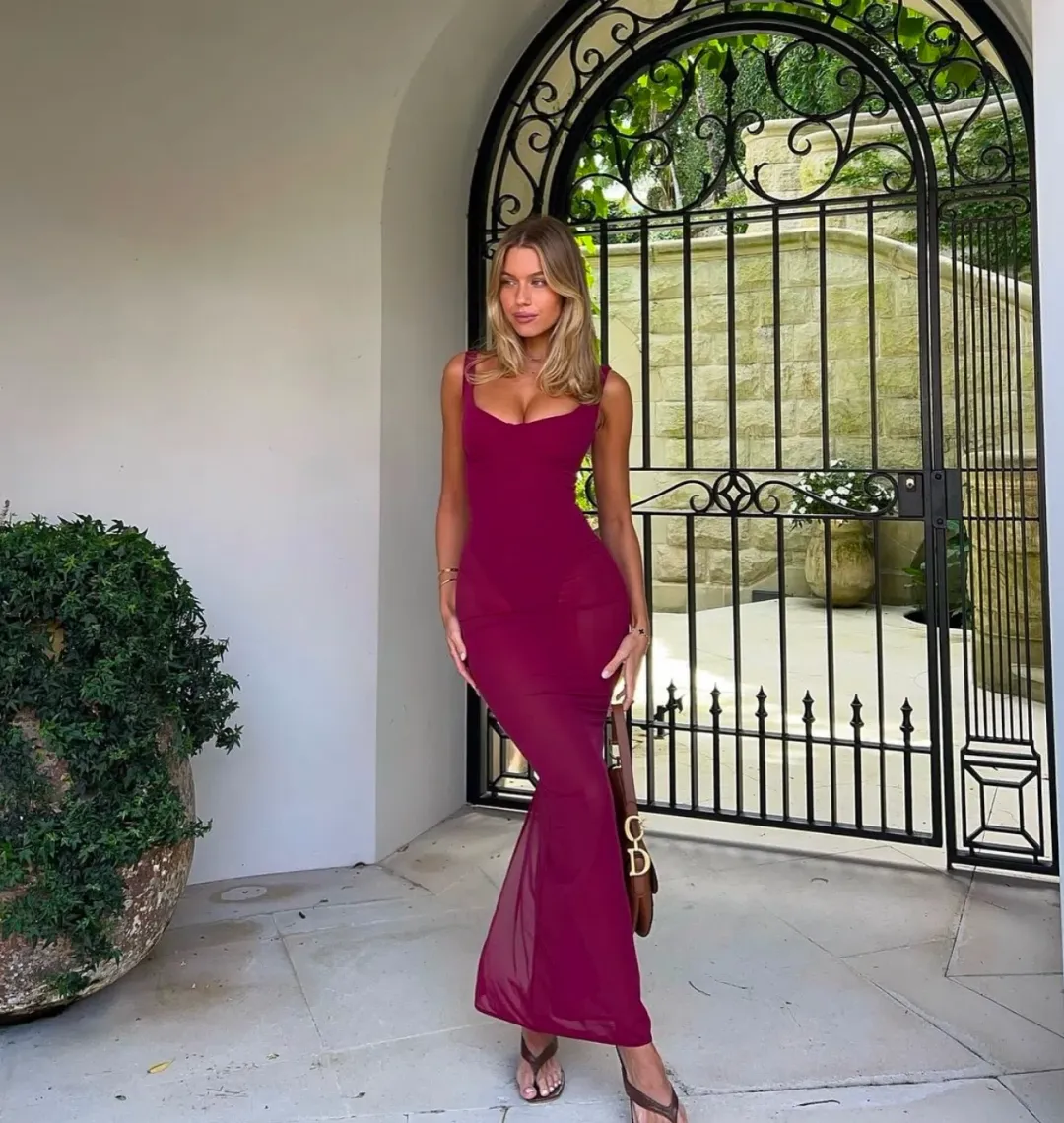 House Of Cb Robina Stretch Mesh Maxi Dress Wine  Size 6  for rent on The Volte - main image