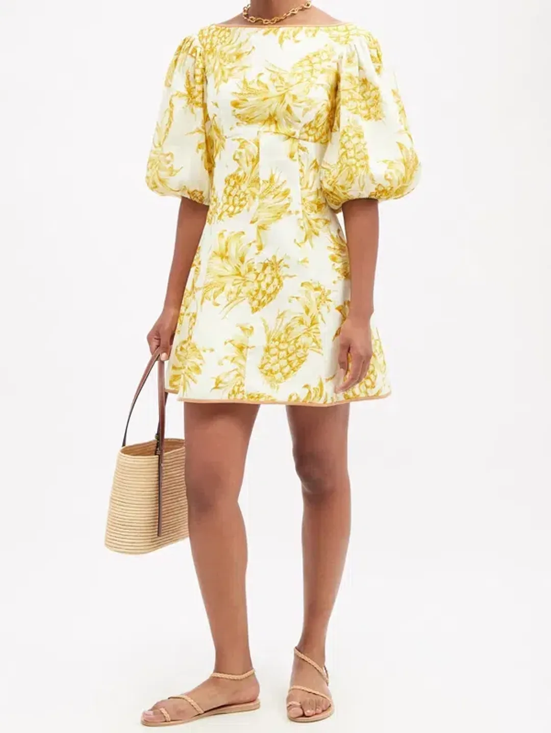 Zimmermann Puff Sleeve Pineapple-Print Linen Mini Dress Yellow Print Size 0 / AU 8 for rent on The Volte - main image