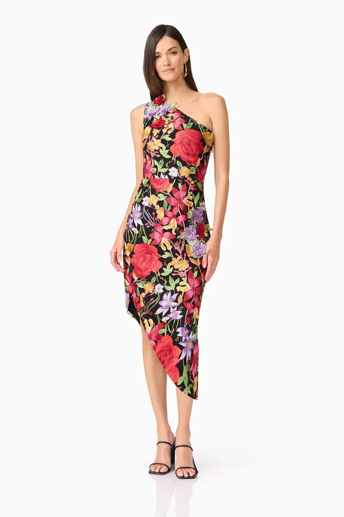 Elliatt Talia Asymmetrical Midi Dress in Black Floral Size 10 - Image 1