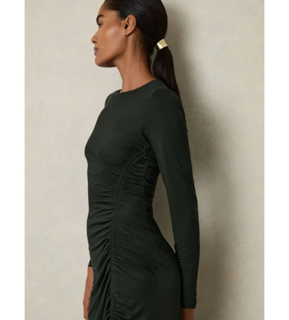 Reiss Rosie Jersey Ruched Midi Dress Dark Green Size 14/XL - Image 3