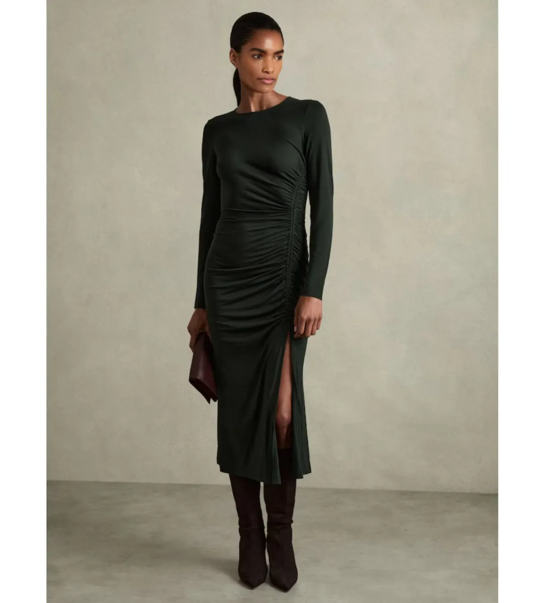 Reiss Rosie Jersey Ruched Midi Dress Dark Green Size 14/XL for rent on The Volte - main image