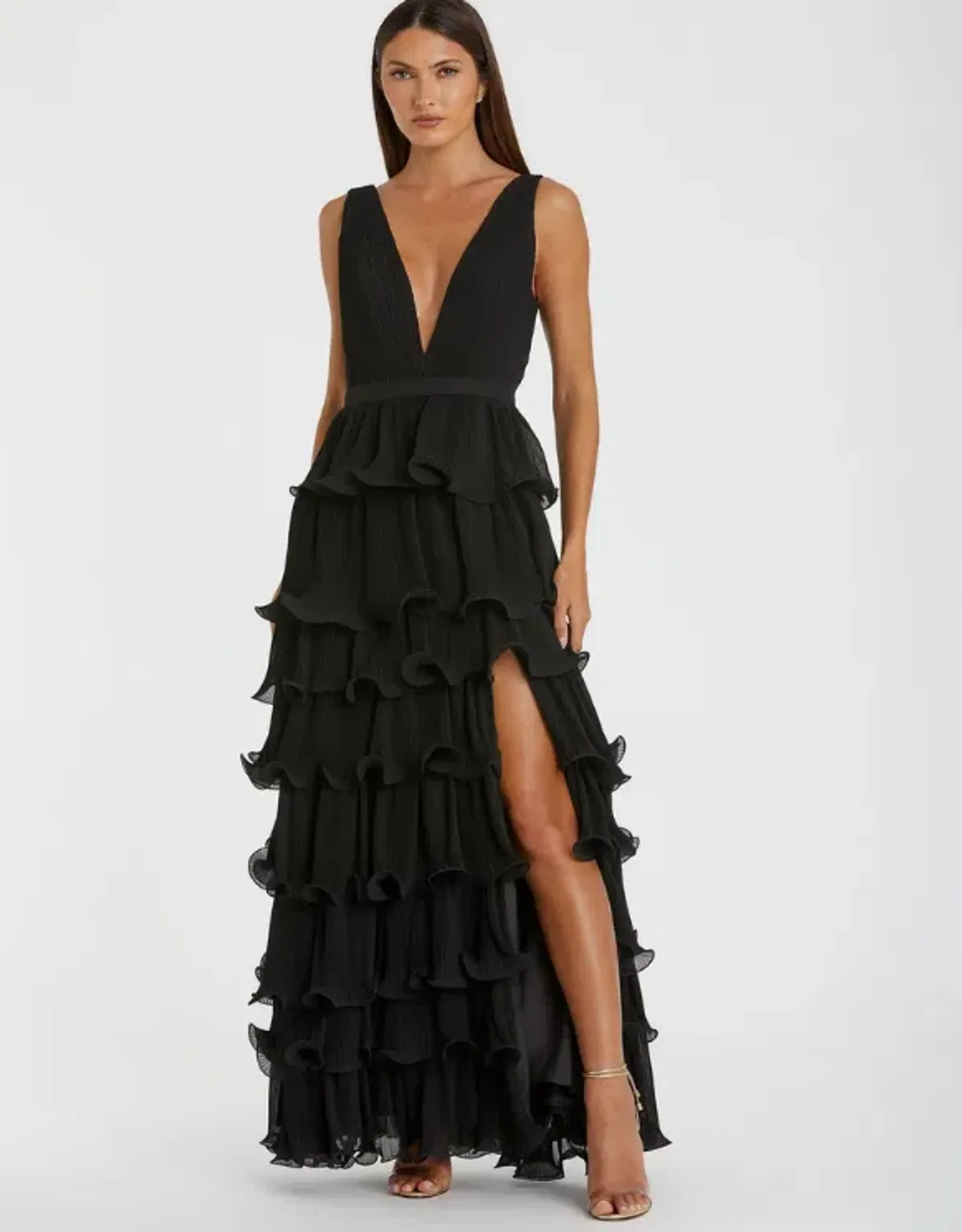 Mac Duggal Sleeveless Ruffle Tiered V Neck Gown Black Size 16 - Image 1