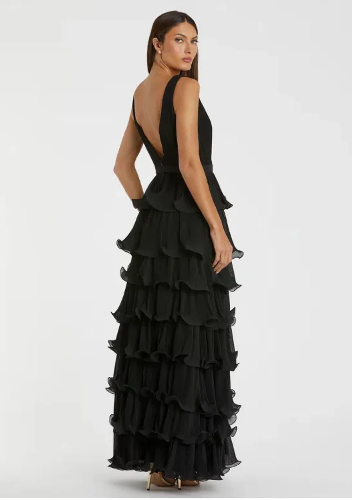 Mac Duggal Sleeveless Ruffle Tiered V Neck Gown Black Size 16 - Image 2