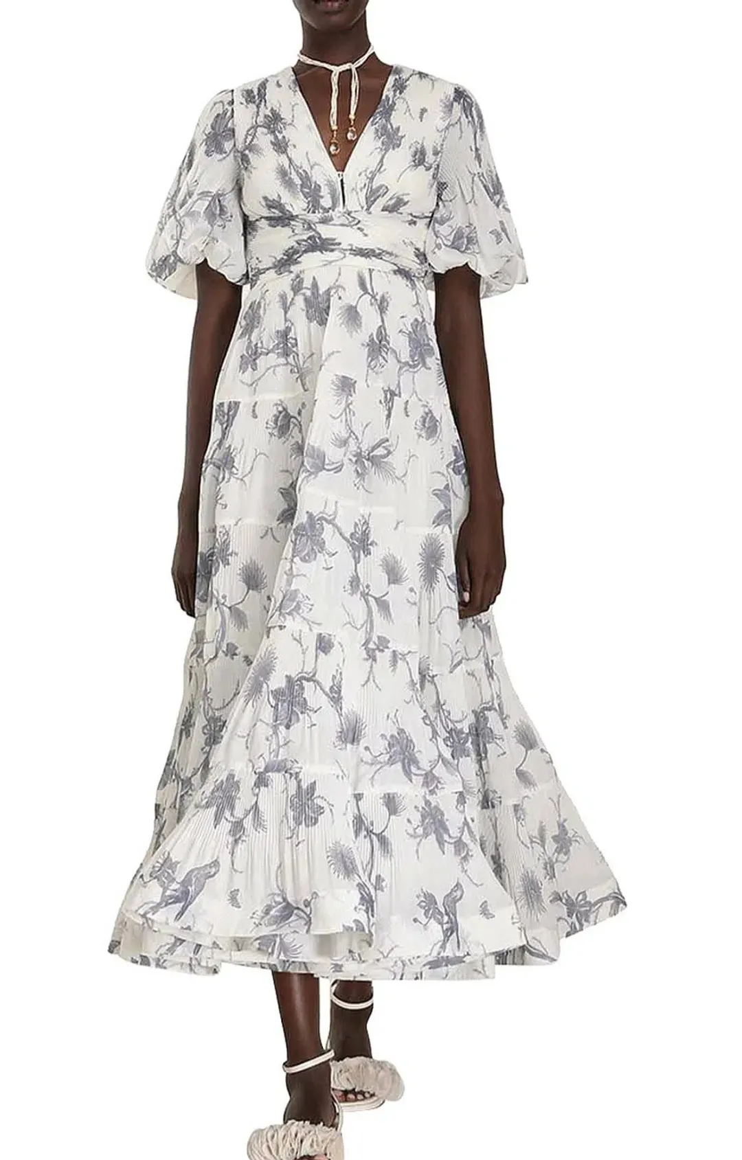 Zimmerman Pleated Midi Dress White & Blue Floral Size 6 for rent on The Volte - main image