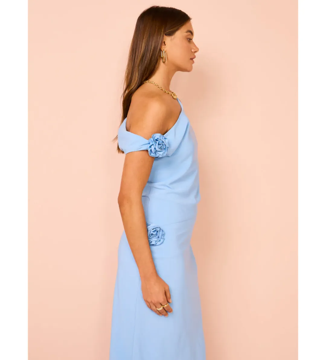 Issy Off Shoulder Flower Maxi Dress in Blue Size M / AU 10 for rent on The Volte - main image