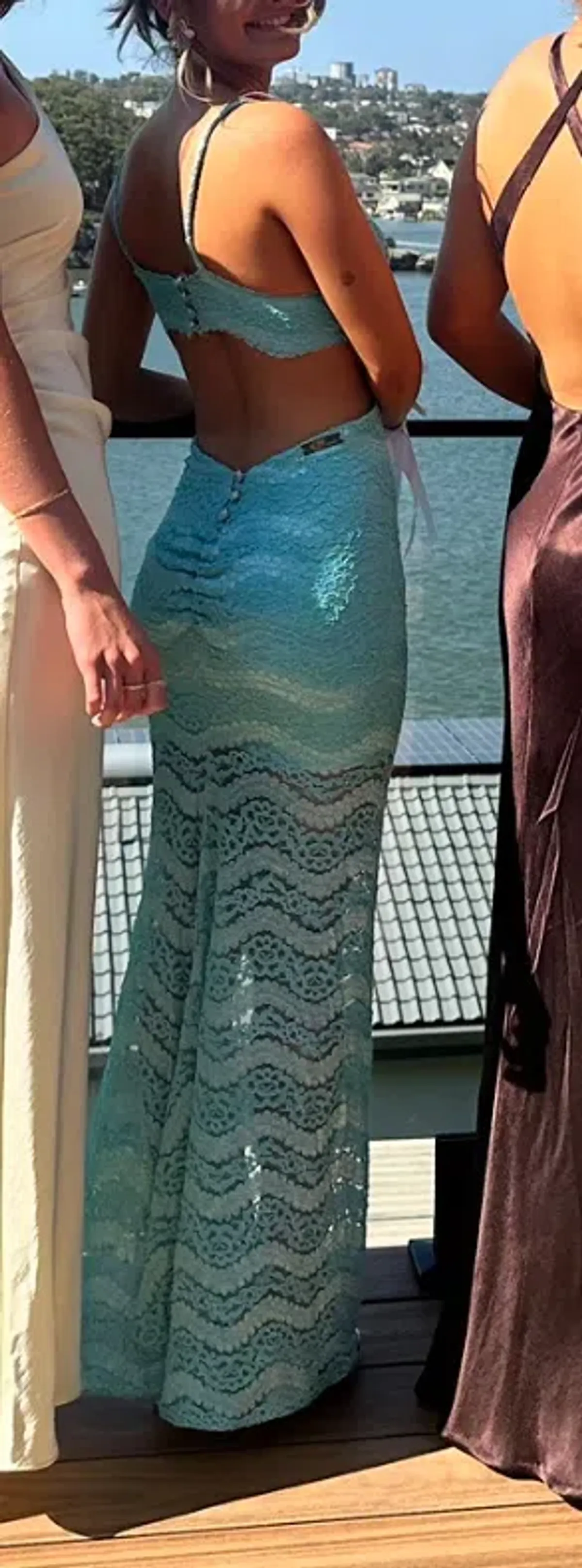 Amy Taylor Couture Lace Aqua Blue Gown Size 8 - Image 3