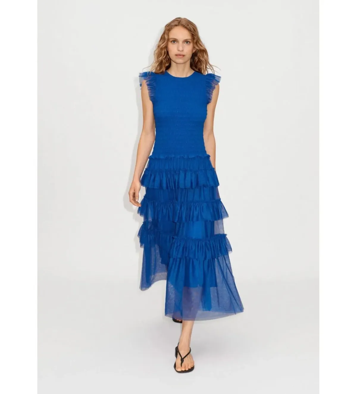 ME+EM Ethereal Tulle Shirred Midi Dress Electric Blue Size AU 8 - Image 1