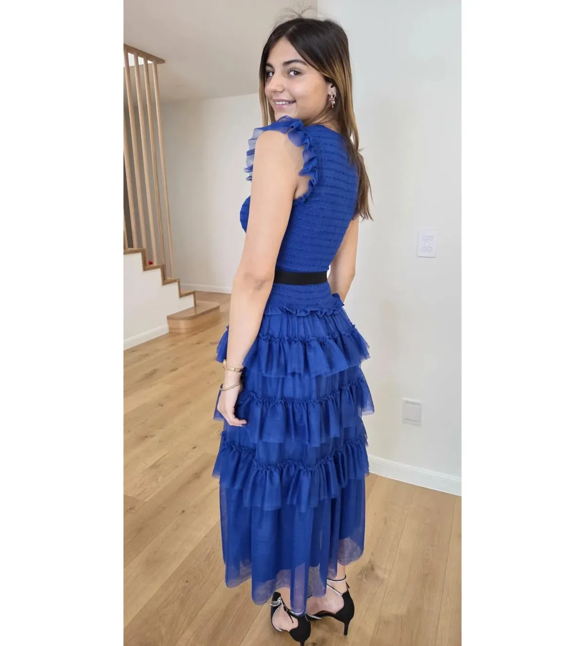ME+EM Ethereal Tulle Shirred Midi Dress Electric Blue Size AU 8 - Image 6