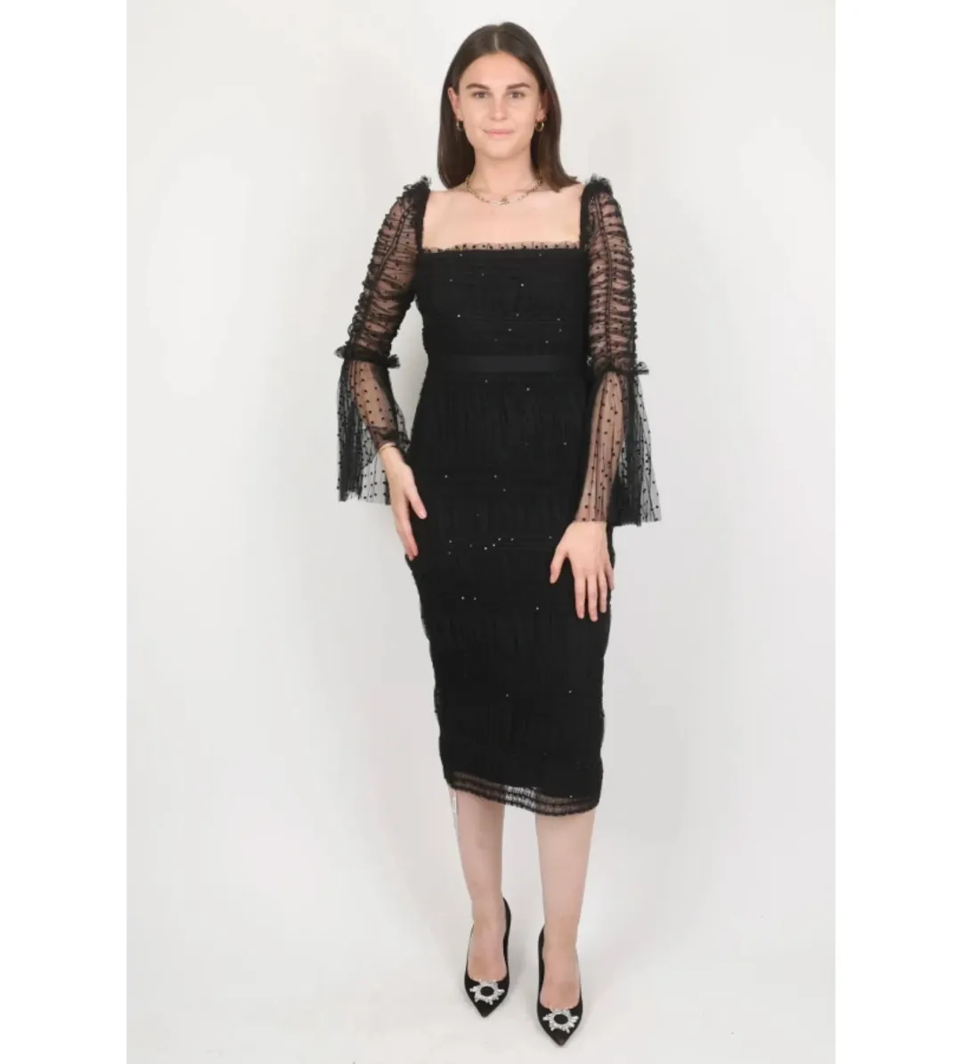 Self-Portrait Sequin Dot Mesh Midi Dress Black Size 10 for rent on The Volte - main image