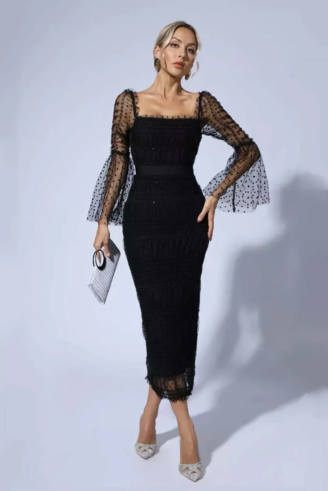 Self-Portrait Sequin Dot Mesh Midi Dress Black Size 10 for rent on The Volte - main image