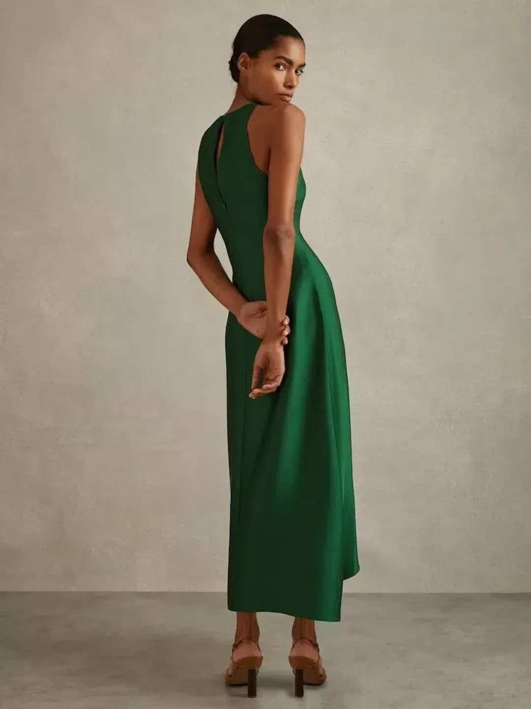 Reiss Micah Satin Drape Tuck Midi Dress In Green Size AU 10 for rent on The Volte - main image