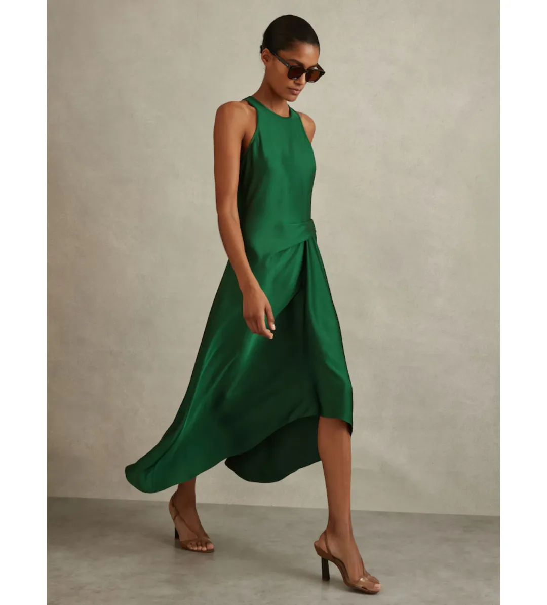 Reiss Micah Satin Drape Tuck Midi Dress In Green Size AU 10 for rent on The Volte - main image
