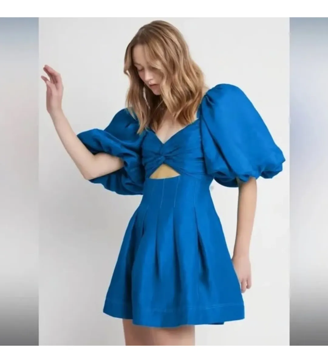 Aje Dusk Knot Puff Sleeve Mini Dress Blue Size XS AU 6 for rent on The Volte - main image