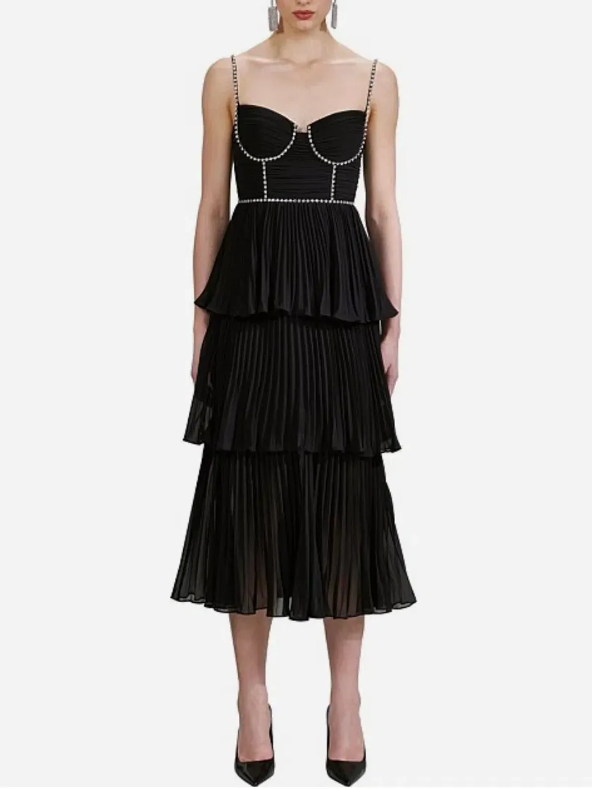 Self-Portrait Chiffon Tiered Midi Dress Black Size AU 10 - Image 3