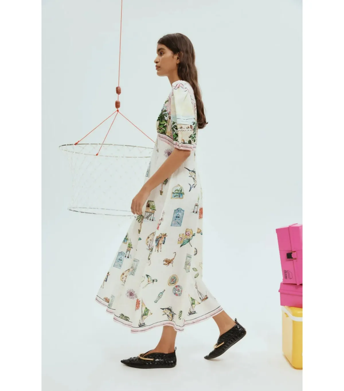 Alemais Sunset Puff-Sleeve Printed Linen Midi Dress Print Size AU 8 - Image 2