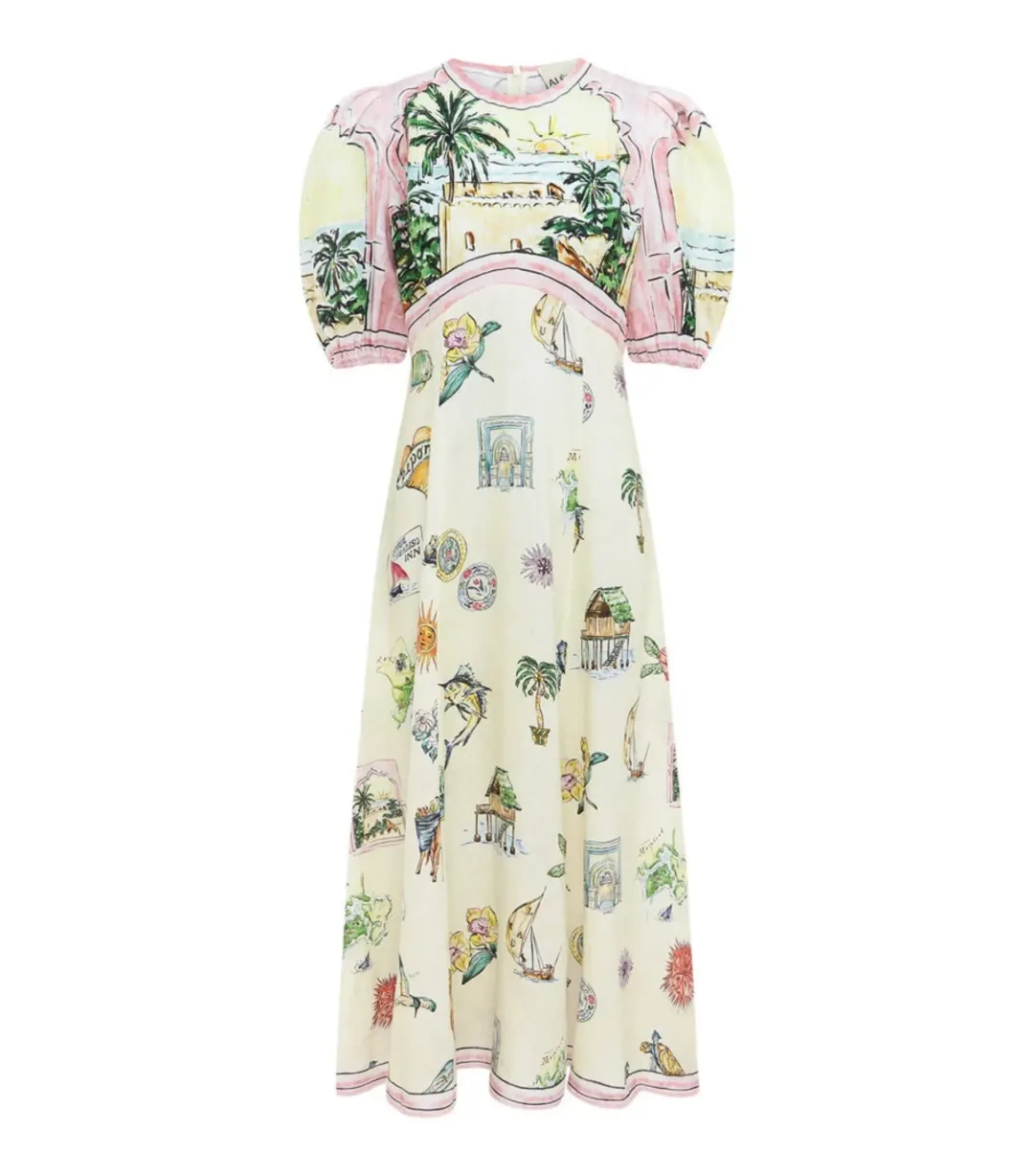 Alemais Sunset Puff-Sleeve Printed Linen Midi Dress Print Size AU 8 for rent on The Volte - main image