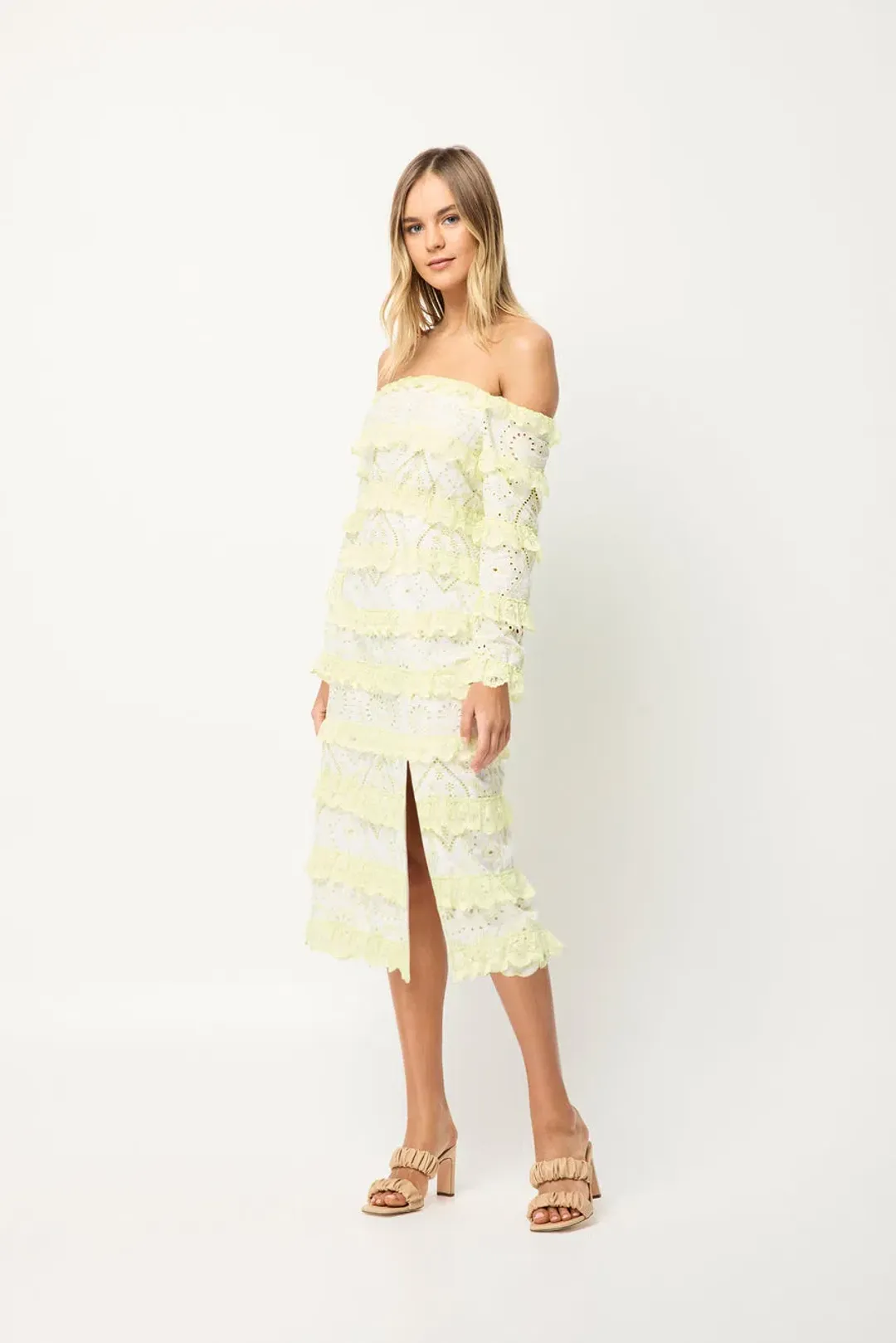 Elliatt Saint Lucia Midi Dress In Ivory/Citrus Size M/ AU 10  for rent on The Volte - main image