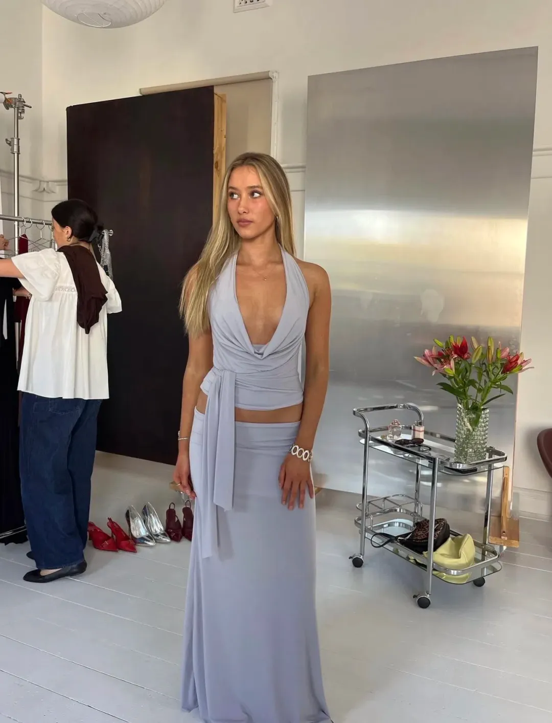 La Marie Raya Cowl Neck Top and Full Length Skirt Set in Grey Size XS/S (AU 6-8) for rent on The Volte - main image