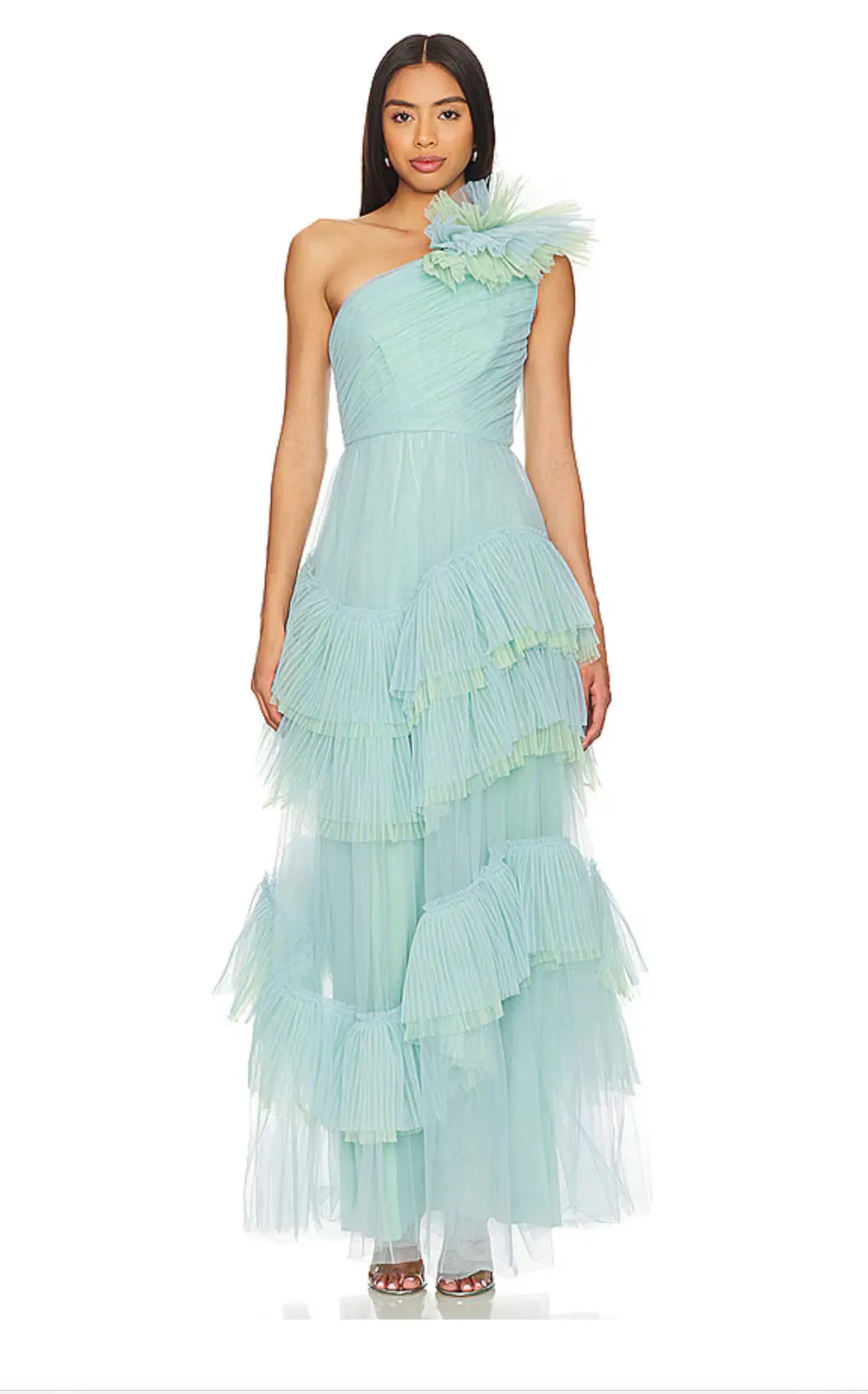 BCBGMAXAZRIA ONE SHOULDER TULLE GOWN IN BLUE GREEN SIZE US8/AU12 for rent on The Volte - main image