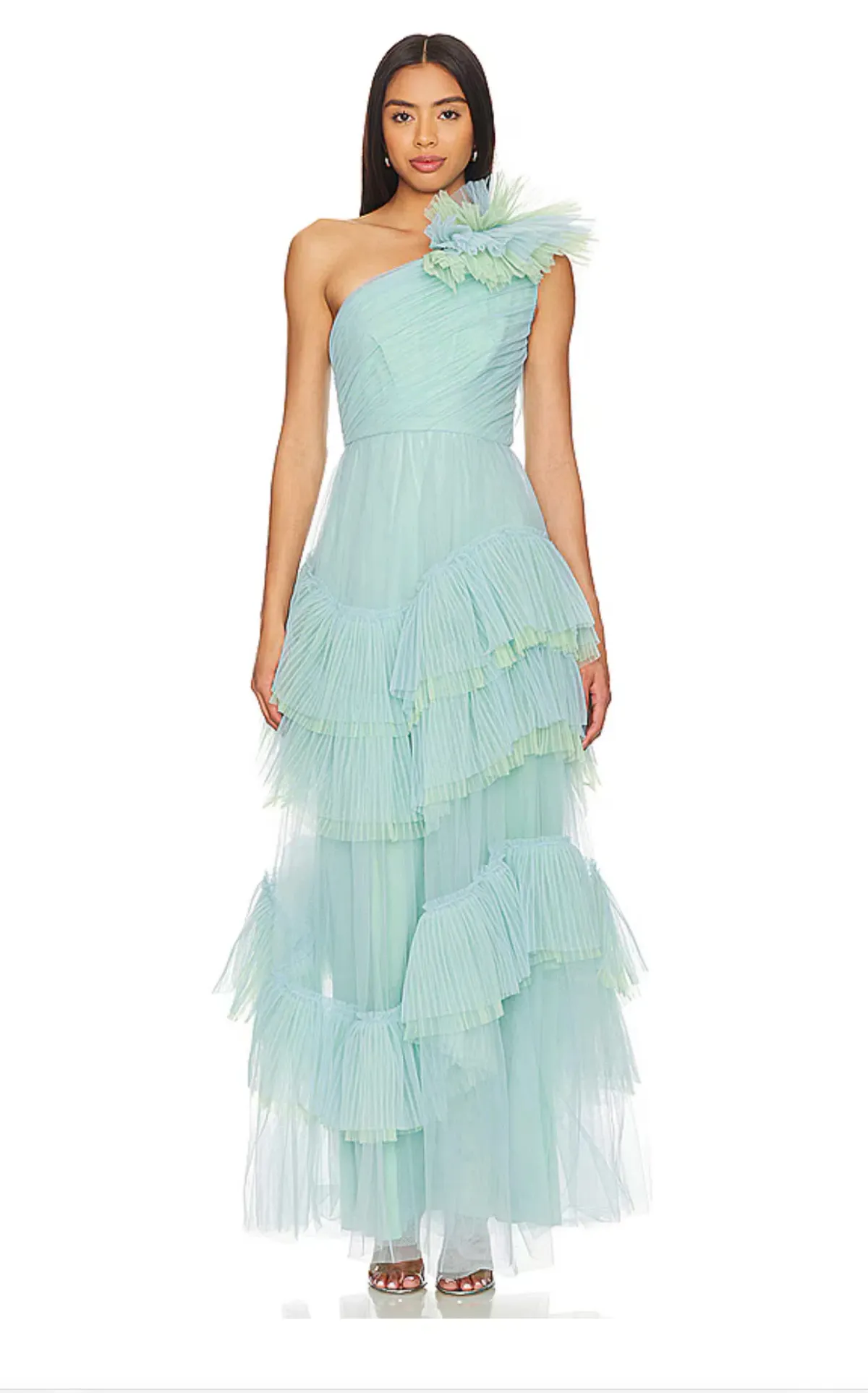 BCBGMAXAZRIA ONE SHOULDER TULLE GOWN IN BLUE GREEN SIZE US8/AU12 - Image 1
