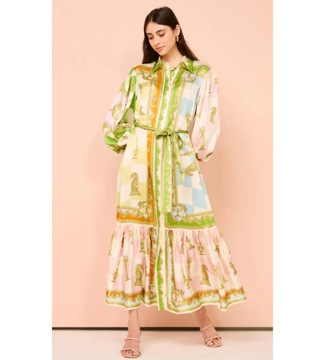 Alemais Checkmate Silk Midi Shirtdress in Multi Size AU 8 for rent on The Volte - main image