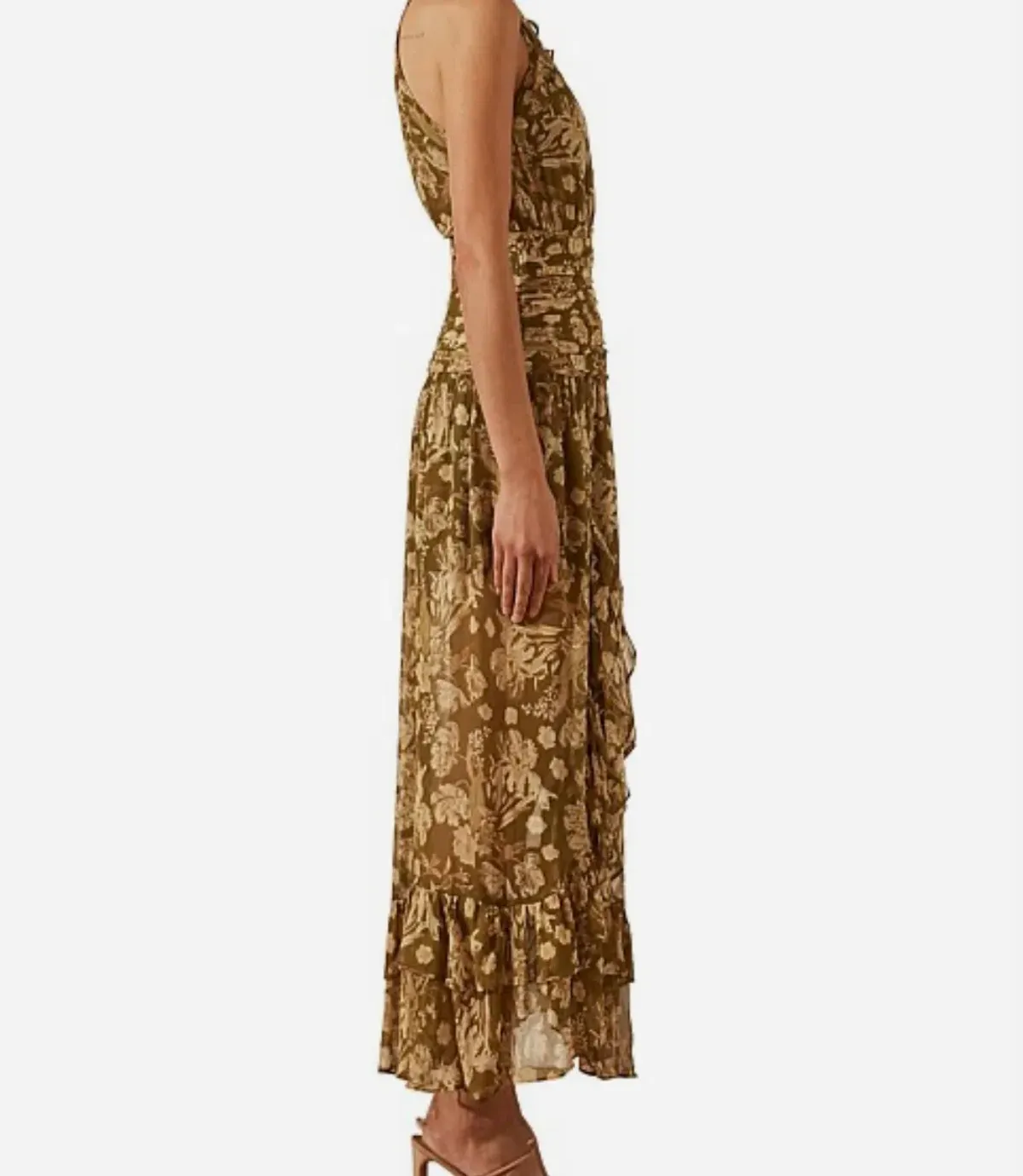 Shona Joy Rosaline Ruched Split Maxi Dress in Brown Floral Print Size AU 10 - Image 3