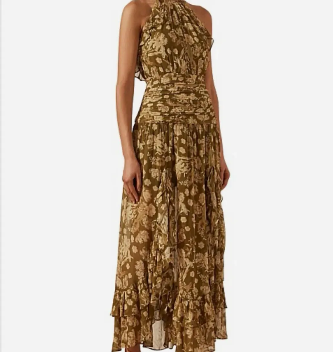 Shona Joy Rosaline Ruched Split Maxi Dress in Brown Floral Print Size AU 10 for rent on The Volte - main image