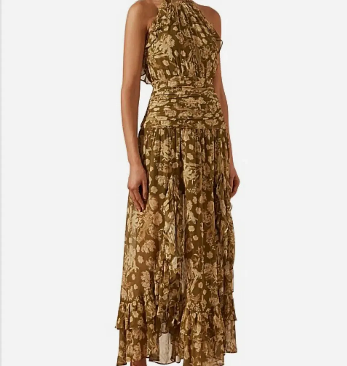 Shona Joy Rosaline Ruched Split Maxi Dress in Brown Floral Print Size AU 10 - Image 2