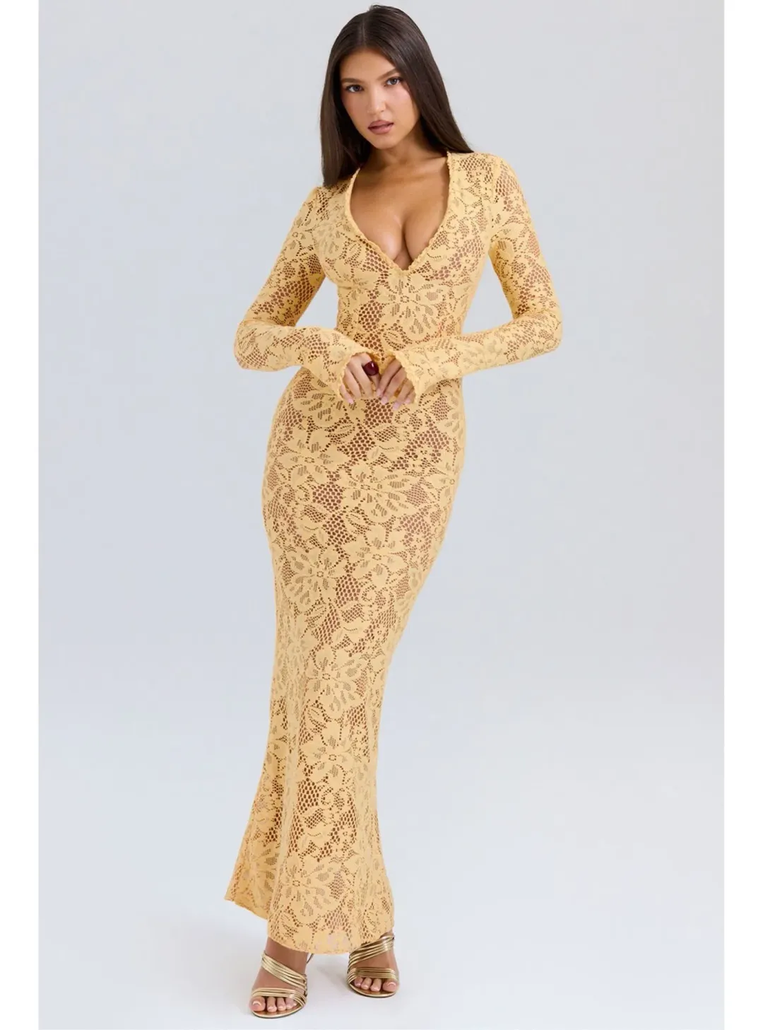 House of CB Indiana Plunge Lace Maxi Dress Apricot Size M / AU 10 for rent on The Volte - main image