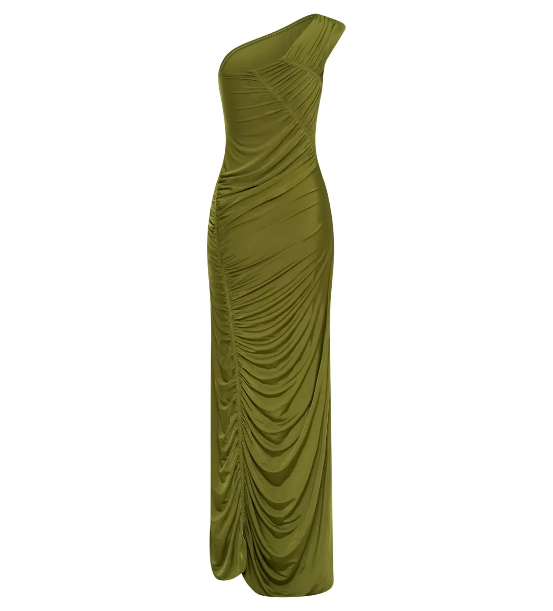 Meshki Capri Gathered Slinky Maxi Dress Vintage Olive Size 6/XS for rent on The Volte - main image