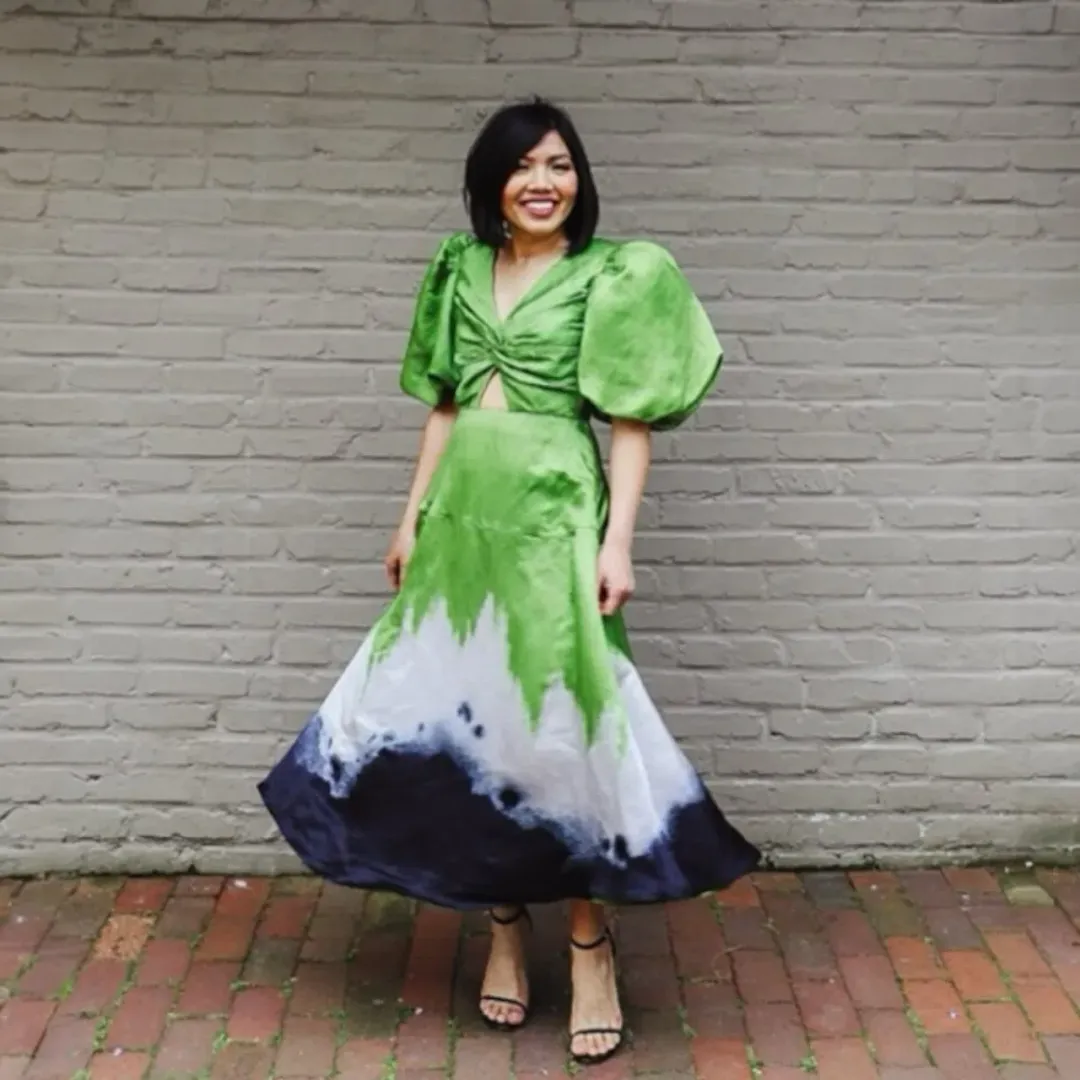 AJE Arcadian Puff Sleeve Knot Midi Dress Multi Size AU 6 for rent on The Volte - main image