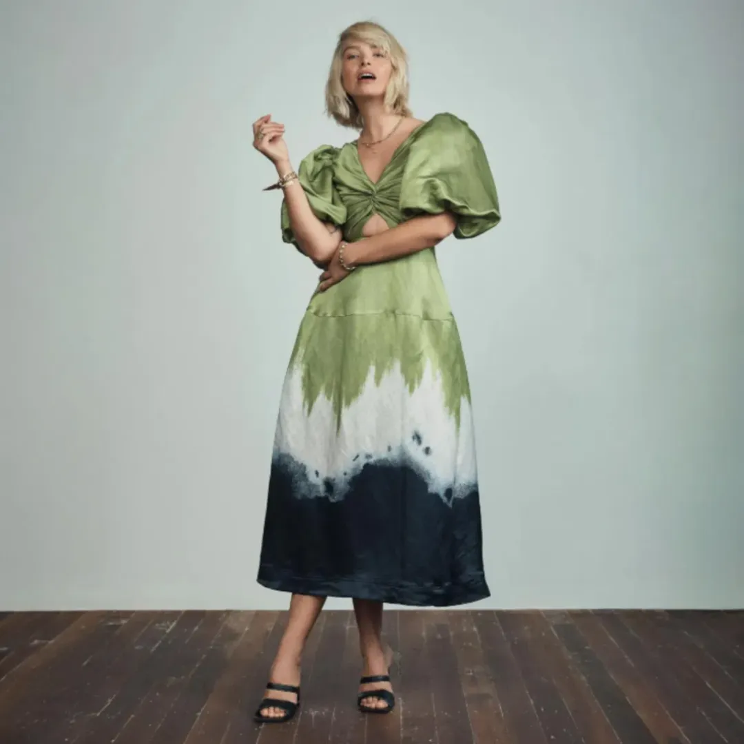 AJE Arcadian Puff Sleeve Knot Midi Dress Multi Size AU 6 for rent on The Volte - main image