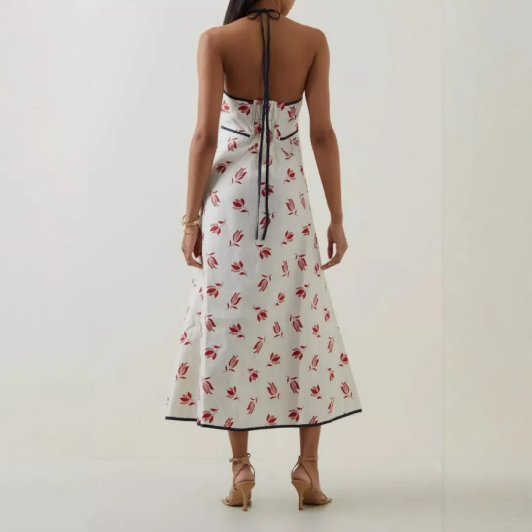 OROTON Dutch Tulip Halter Low Back Linen Midi Dress Ecru Size AU 14  for rent on The Volte - main image