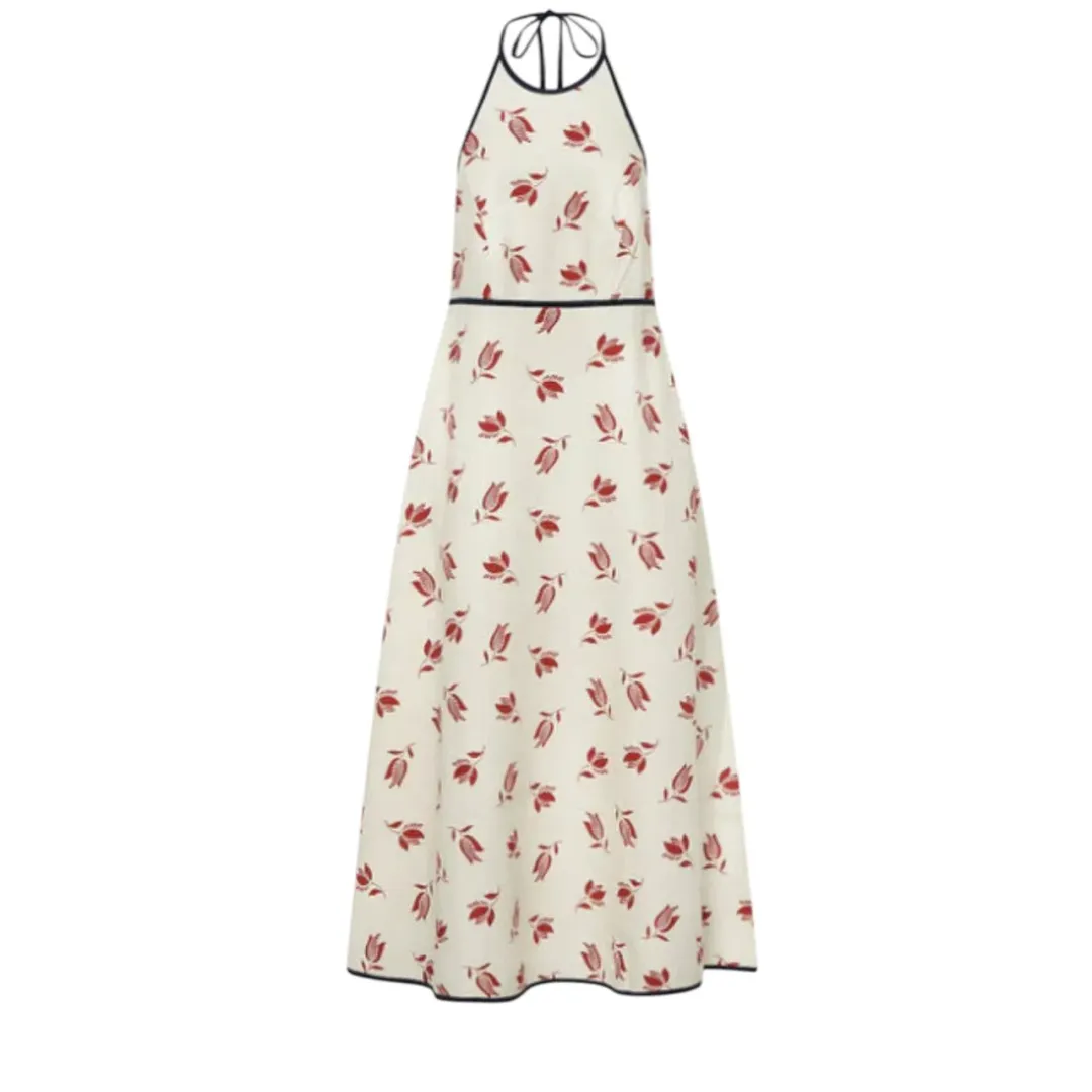 OROTON Dutch Tulip Halter Low Back Linen Midi Dress Ecru Size AU 14  for rent on The Volte - main image