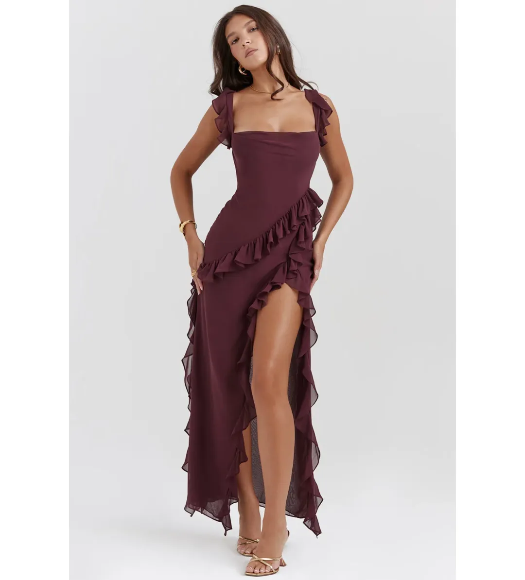 House of CB Ariela Ruffle Maxi Dress Mulberry Size 6/XS for rent on The Volte - main image