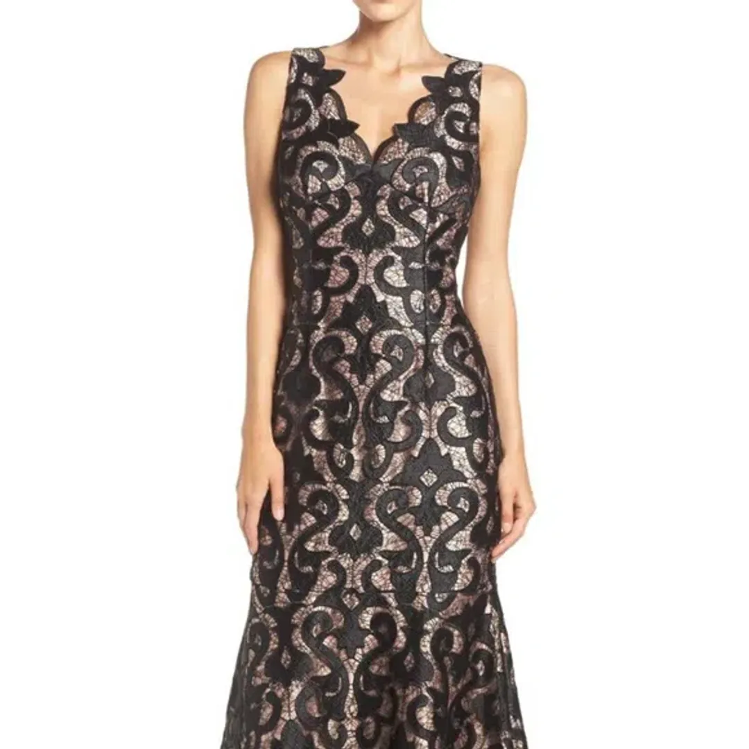 Adrianna Papell Guipure Mermaid Maxi Gown Black Nude Size 20 for rent on The Volte - main image