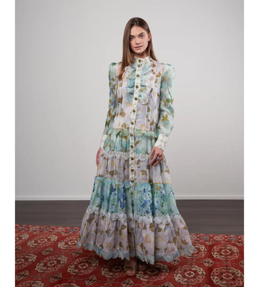 Zimmermann Rhythm Scalloped Silk Maxi Dress in Blue Size 1/ AU 10 for rent on The Volte - main image