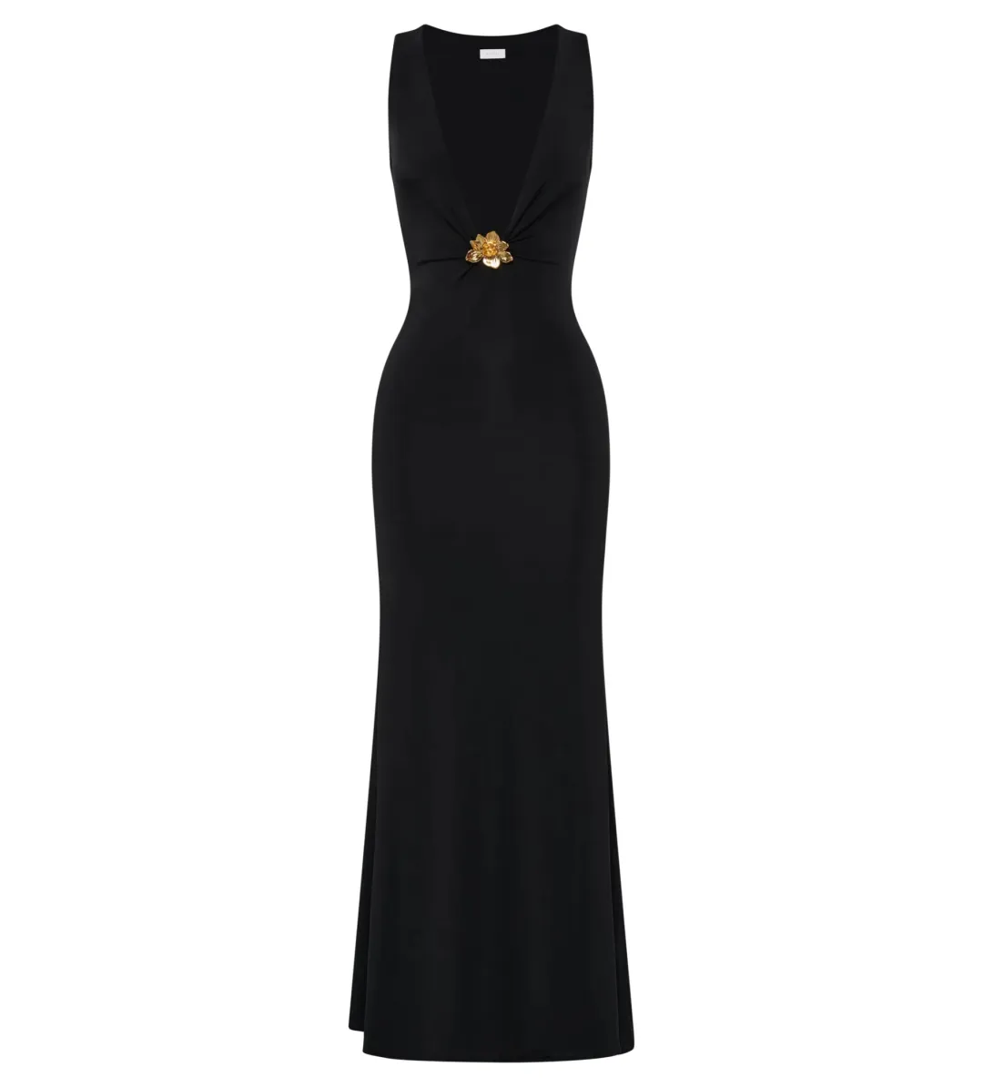 MESHKI Beck Plunge Maxi Dress Black with Floral Hardware Size S AU 8 for rent on The Volte - main image