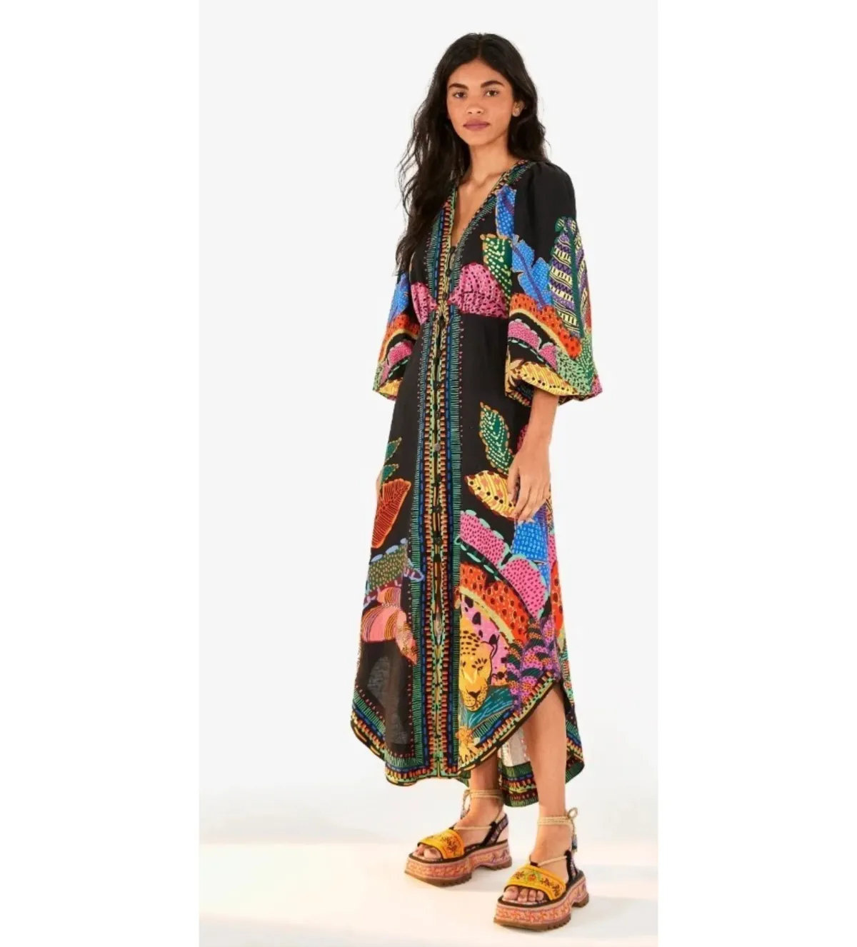 Farm Rio Cool Leopards Maxi Dress Linen Viscose Blend Size XL/ AU 16 - Image 3