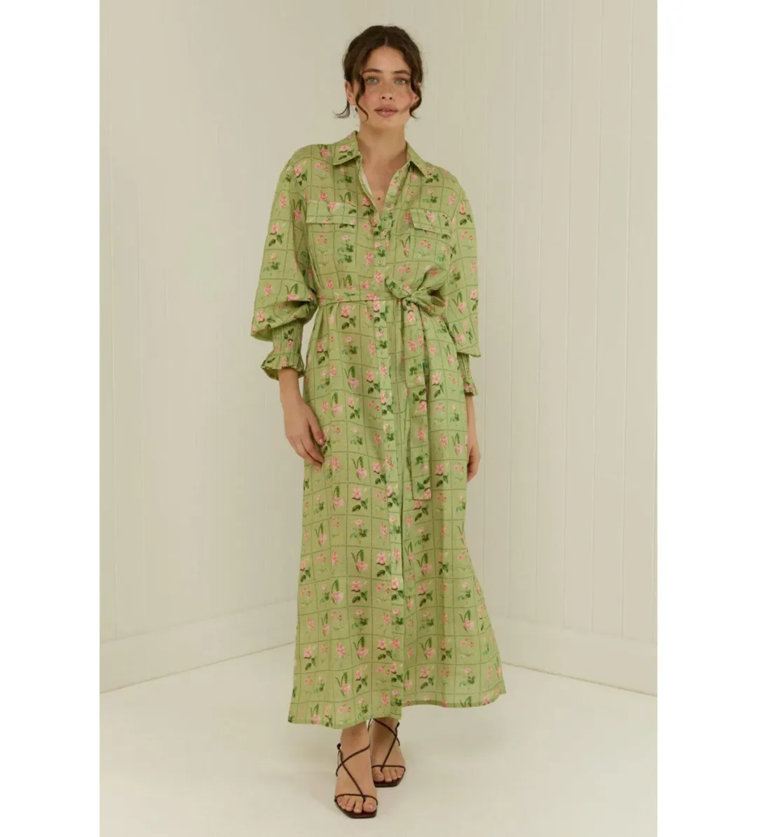 Palm Noosa Marigold Maxi Dress Green Floral Tile Size 8 for rent on The Volte - main image
