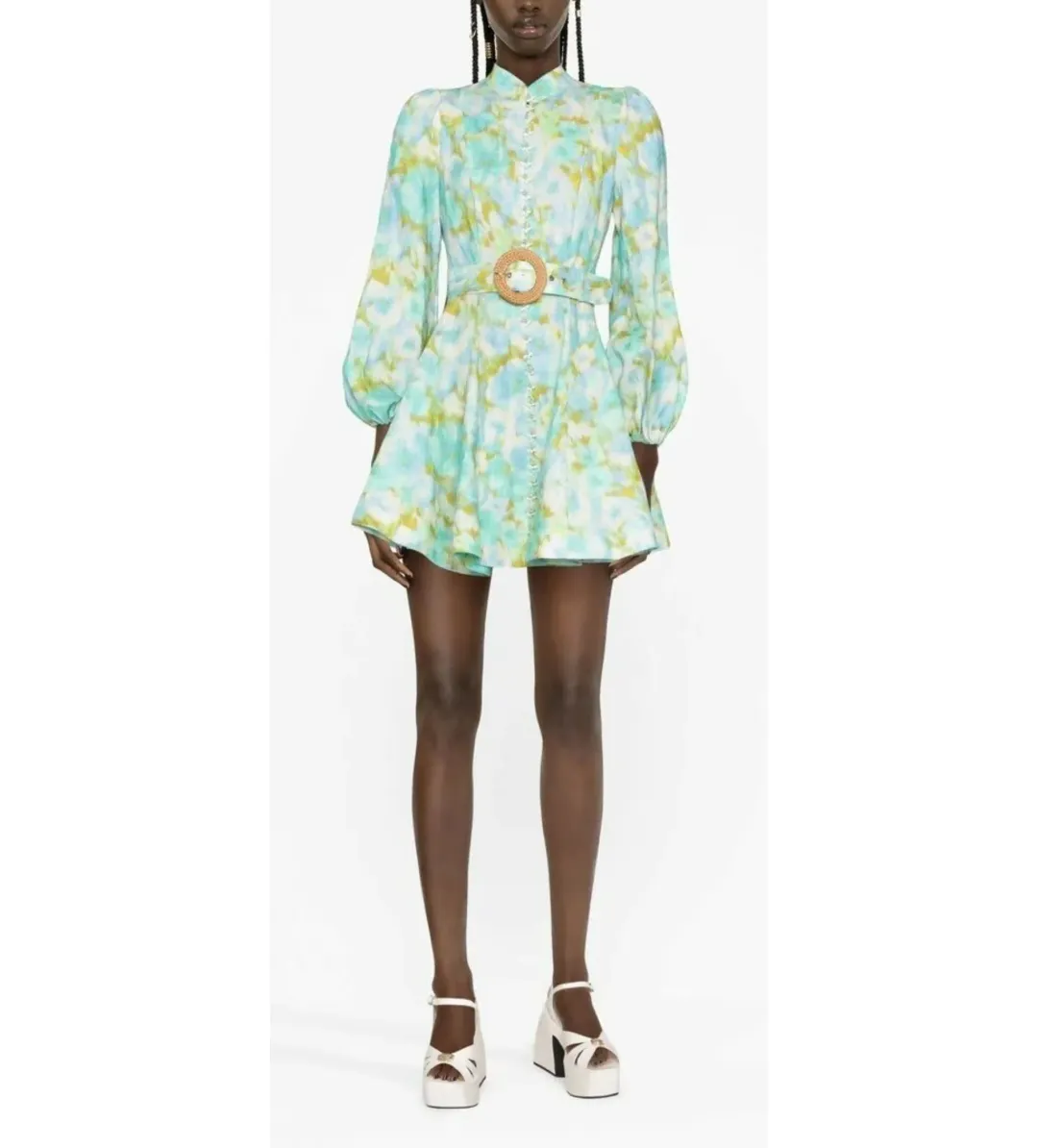 Zimmermann High Tide Buttoned Mini Dress Aqua Ikat Floral Size 0 AU 8 for rent on The Volte - main image