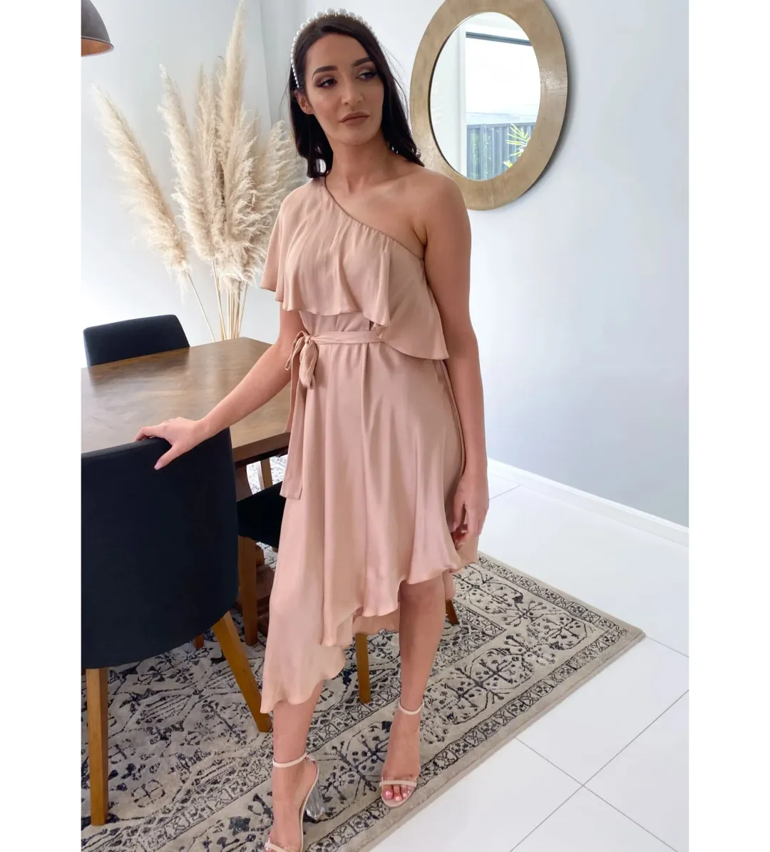 Zimmermann Sueded One Shoulder Midi Dress Beige Size 2 AU 12 for rent on The Volte - main image