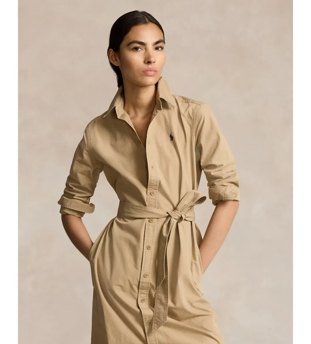 Ralph Lauren Polo Belted Cotton Midi Shirt Dress Beige Size 10 for rent on The Volte - main image