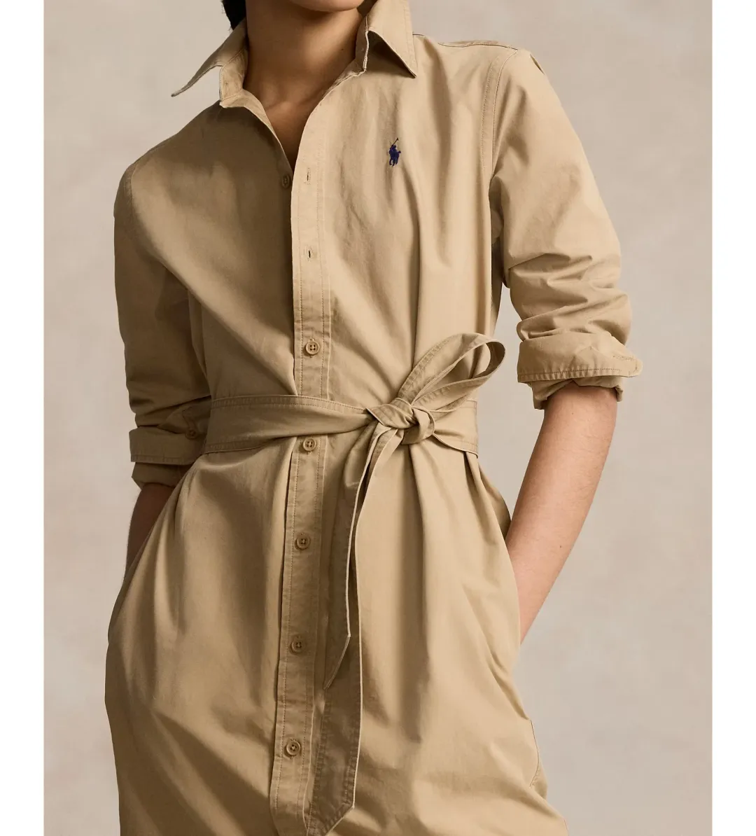 Ralph Lauren Polo Belted Cotton Midi Shirt Dress Beige Size 10 for rent on The Volte - main image