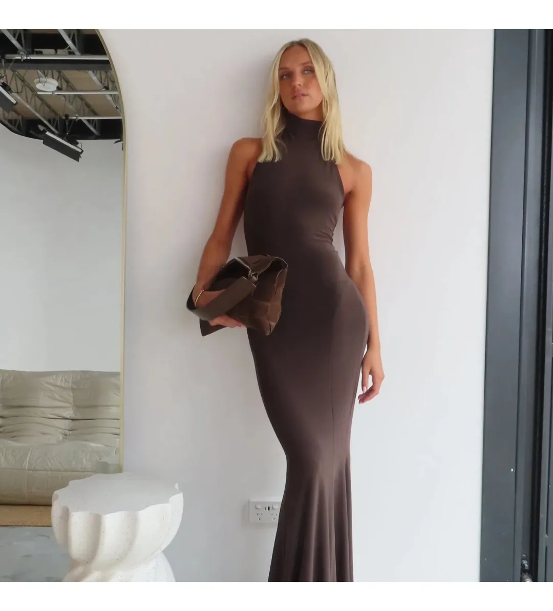 Norma Kamali Halter Turtle Fishtail Gown Chocolate Size AU 8 for rent on The Volte - main image
