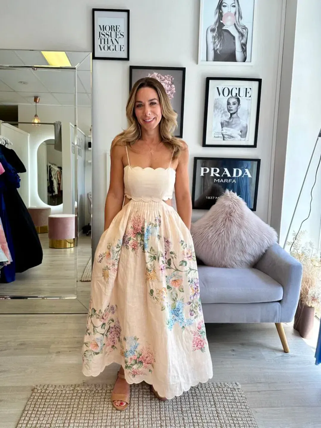 Zimmermann Halliday Scallop Midi Dress in Cream Watercolour Floral Size 4 / AU14-16 for rent on The Volte - main image