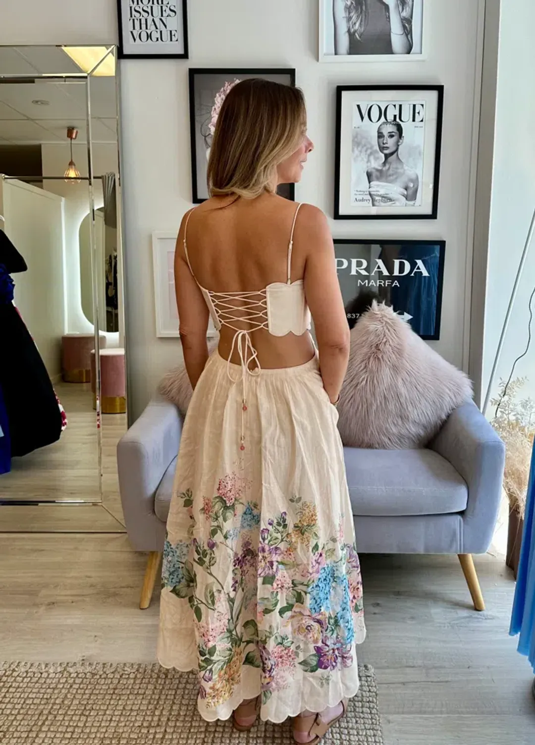 Zimmermann Halliday Scallop Midi Dress in Cream Watercolour Floral Size 4 / AU14-16 for rent on The Volte - main image