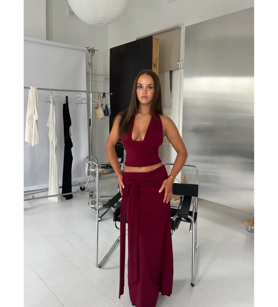LaMarie Sofia Halter Top and Low Rise Sash Maxi Skirt Set Wine Size S/ 8 for rent on The Volte - main image